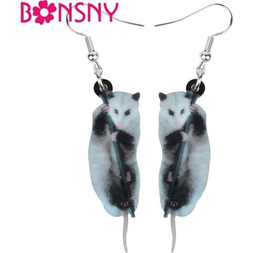 Bonsny Acrylic Gray Opossum Earrings Realistic Long Cute Animal Dangle Drop Jewelry For Women Kids Teen Classic Gift Accessories