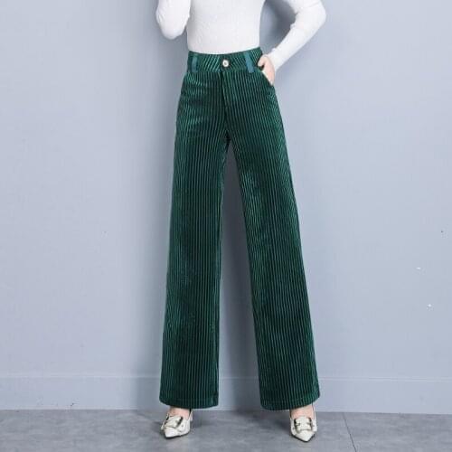 Autumn Corduroy wide-leg pants women high waist pants thick loose dark green straight trousers elegant womens Corduroy pants