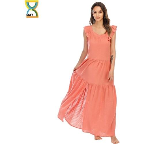 CGYY Vintage Chic Women Solid Color Single Breasted Beach Bohemian Maxi Dress Ladies V Neck Sashes Summer Boho Vestidos