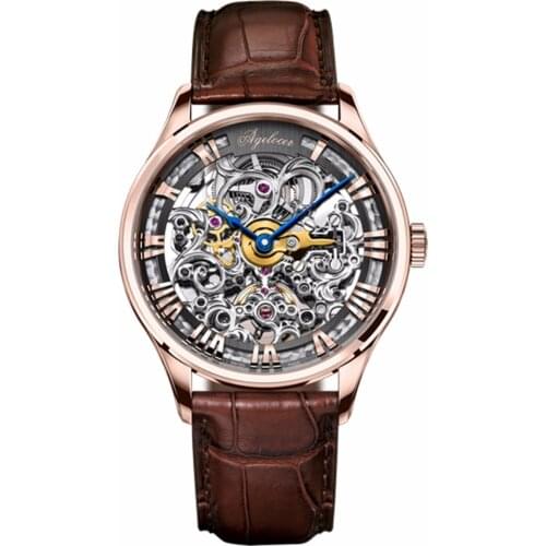Agelocer Luxury Skeleton Watches Rose Gold Genuine Leather Strap Mechanical Watches Roman Numeral Mens Wristwatches 5401