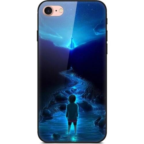 For Apple iPhone 7 Phone Case Tempered Glass Case Back Cover With Black Silicone Bumper Star Sky Pattern