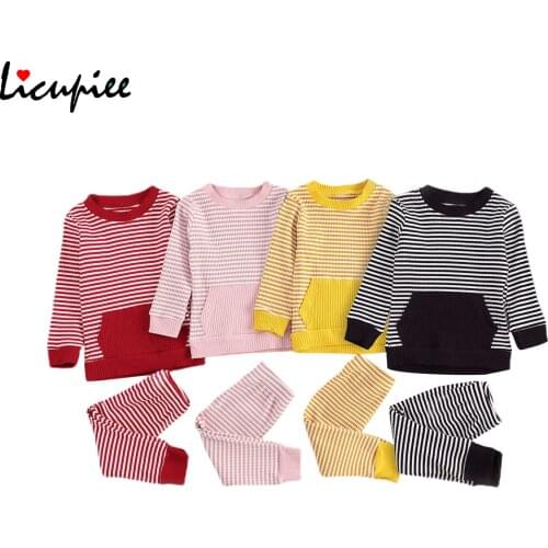 Children Long Sleeves Long Pants Suit, Newborn Boys Girls Stripes Clothes Set, Autumn Round Collar Tops Tee Trousers 1-4 Years