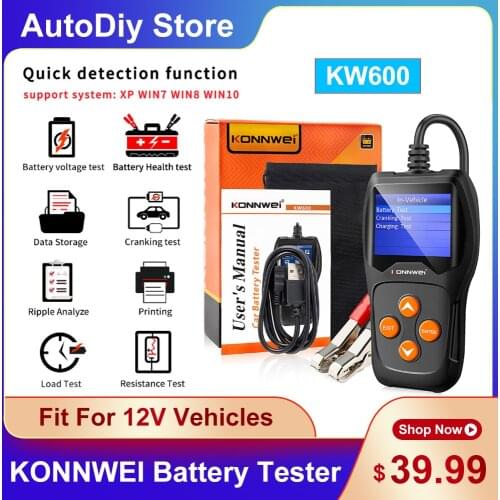 KONNWEI KW600 Charging Crank Diagnostic Tool Car/Motorcycle Battery Tester For 12V Battery 2000CCA Check Battery Multi-Language