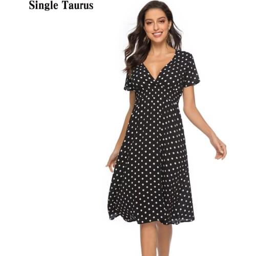 European and American Chiffon Beach Dress 2020 Summer V Neck Sexy Dot Printing Bohemia Knee Length Vestidos Verano Woman Dress