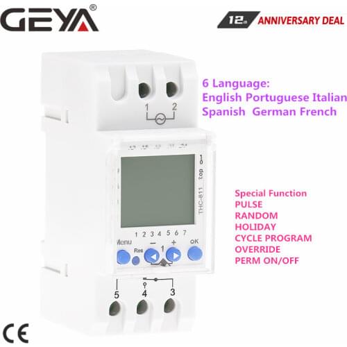 GEYA THC-811 Din Rail 24Hours Digital Timer Switch with Lithium Battery 6 Language Weekly Timers Holiday Setting 16A 220V