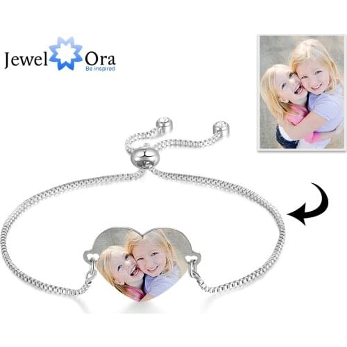 JewelOra Customized Photo Engrave Name Bracelets for Women Personalized Stainless Steel Heart Adjustable Chain Bracelets Jewelry
