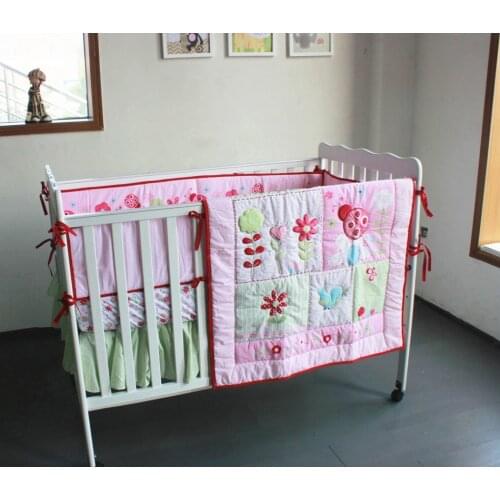 4pcs embroidered Flower Baby Bedding Set Girls 100%Cotton tour de lit bébé (4bumper+duvet+bed cover+bed skirt)
