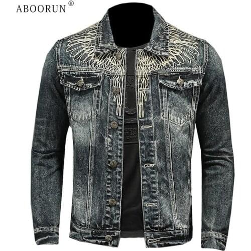 ABOORUN Mens Fashion Wings Embroidery Denim Jacket High Quality Front Pocket Slim fit Jean Coat for Male