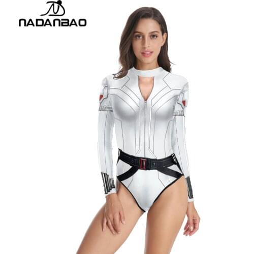 NADANBAO Women Summer One-Piece Swimwear Long Sleeve Casual Swimming Sports Wear Armor Printed White Swimsuit Beach Bathing Suit