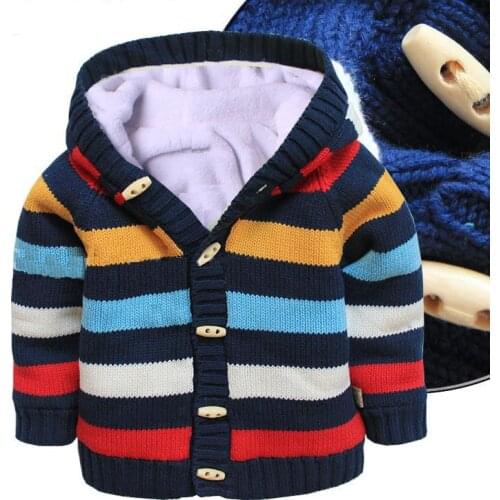 New 2015 autumn Winter baby clothing boys and girls cotton striped sweaters kids plus velvet hooded cardigan coat