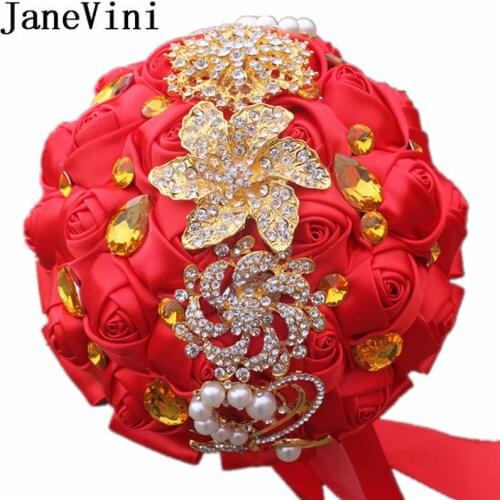 JaneVini 2020 Luxurious Gold Diamond Wedding Flowers Bridal Bouquets Red Bling Crystal Beaded Wedding Bouquet Rose Bride Brooch