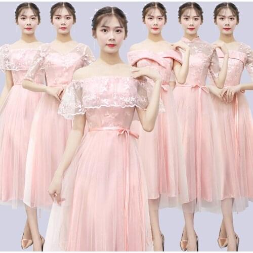 Sexy Plus Size Women Elegant Lace Guest Wedding Party Junior Medium-long Pink Bridesmaid Dresses Wedding Guest Dress Vestidos 89