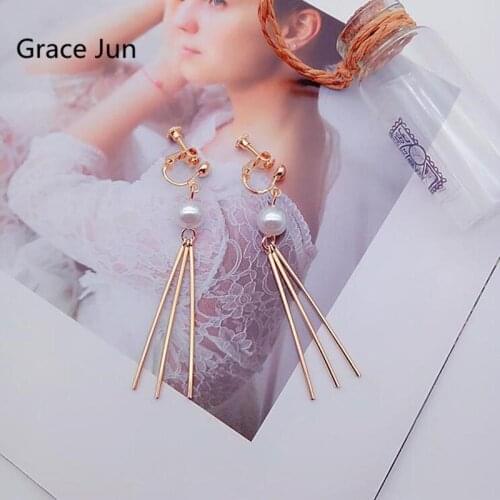 New Handmade Long Style Simulated Pearl Clip on Earrings Without Piercing for Women Gold Color Tassel Needn't Ear Hole Earrings