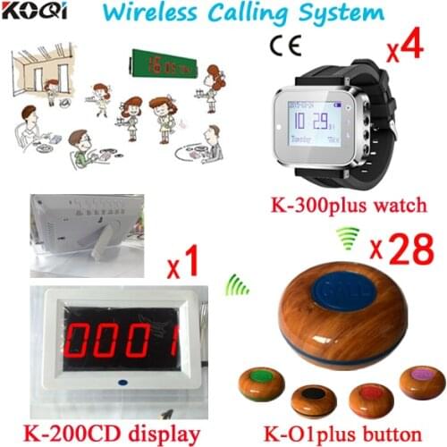 Calling Waiter Customer Pager Service System (A Set Including 1 Screen Receiver,4 Wrist Pagers,28 Bell Buzzers)
