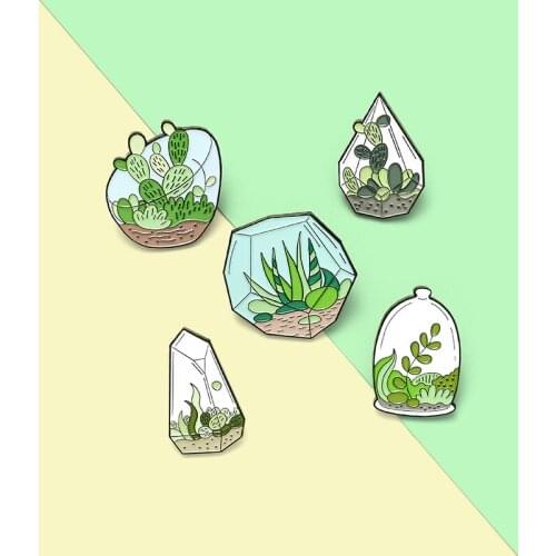 Glass Visual texture Plant Flower Specimen Enamel Pins Custom Terrarium Cactus Aloe Brooches Badges Lapel Pin Women Jewelry Gift