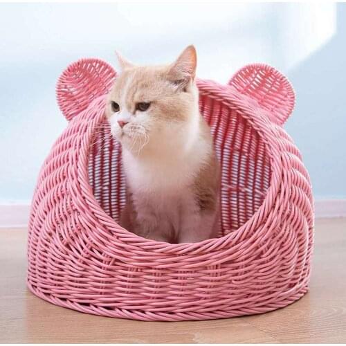 Pet Woven Bed House Kitty Condo House Sleeping Bed for Cats and Puppies Ventilate Sleeping Cave Bed S L Two Size Good For Summer