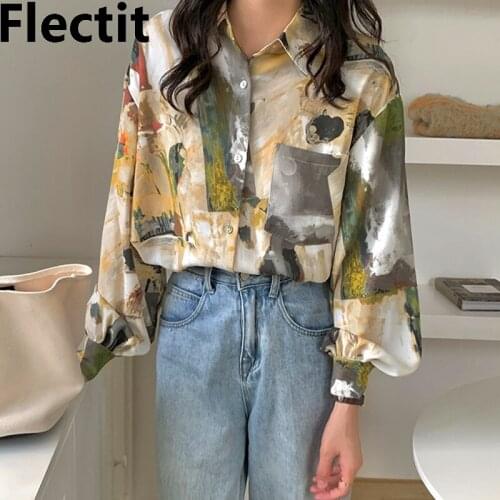 Flectit Hand-painted Print Shirt For Women Long Sleeve Collared Patch Pocket Button Up Shirt Harajuku Vintage Outfit