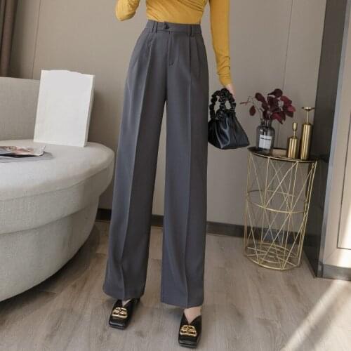 2020 Spring Summer Korean OL Style Women Formal Wide Leg Pants Pockets High Waist Elegant Office Lady Full Length Pants