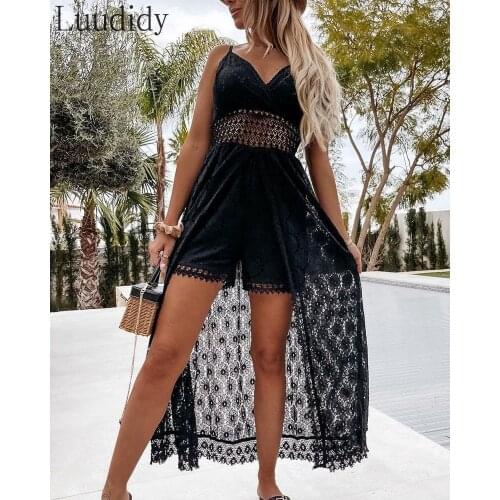 Women Playsuits Spaghetti Strap Crochet Lace Hollow Sleeveless Rompers
