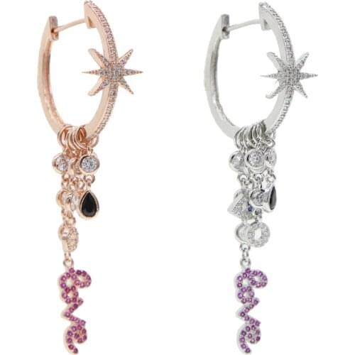 Rose gold silver color Multi charm hoop women earring 5A cz love eye star starburst charm tassel earrings