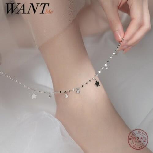 WANTME 925 Sterling Silver Luxury Shiny Zircon Star Moon Romantic Chain Anklet for Women Simple Fashion Korean Charm Jewelry