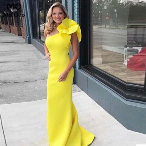 Yellow One Shoulder Prom Dresses with Ruffles Shoulder Elastic Satin Mermaid Evening Gown Prom Dress for Women Custom Made