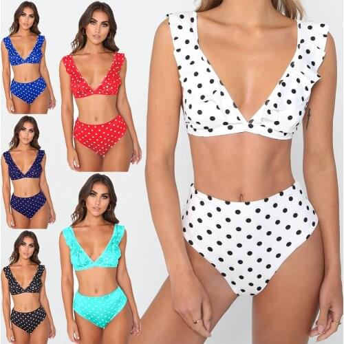 2019 New arrive sexy high waist women bikini set flouncing swimwear deep v polka dot push up swimsuit beachwear