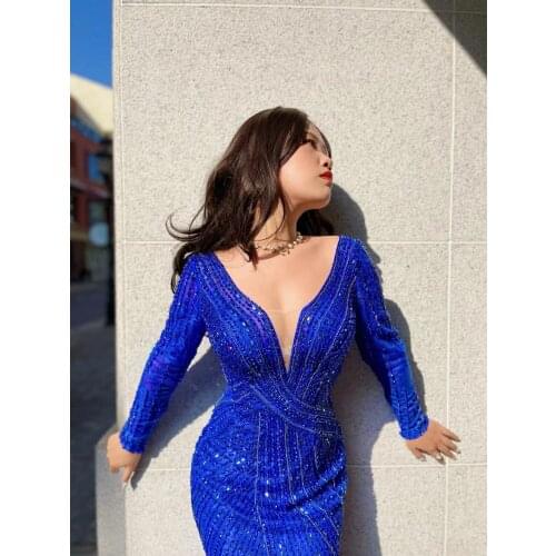 Blue Neck Satin Mermaid Evening Dresses 2021 Fashion Long Sleeves Eveningdress Luxury1578 For Women Wedding Party Graduation