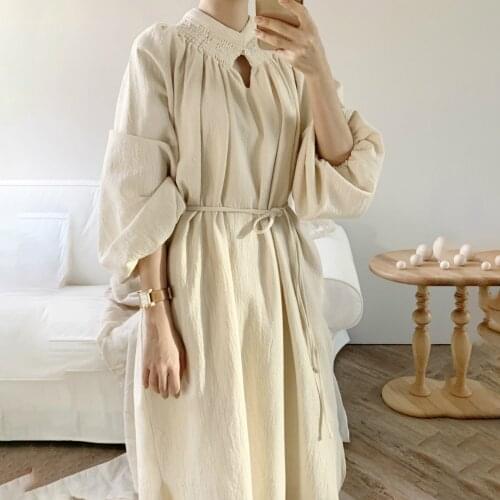 2021 New Beige Cotton Linen Vintage Long Dress Sashes Women Spring Oversized V Neck Puff Sleeve Pullover Maxi Dresses