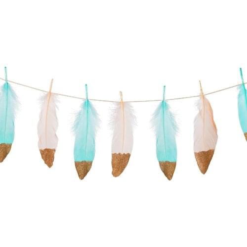 10FT Feather Garland Gold Glitter Dipped Soft Peach Feather Banner for Bedroom Bohemian Teepee Decorations WeddingBridal Baby