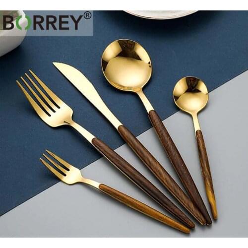 BORRY 30Pcs Gold Stainless Steel Cutlery Set Portugal Cutipol GOA Flatware Tableware With Wooden Handle Metal Spoon Fork Knife