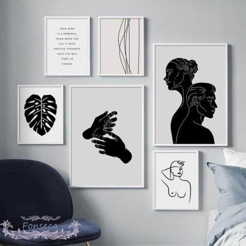 Black and White Abstract Line Hand Body Canvas Painting Nordic Leaf Posters and Prints for Living Room Wall Art Pictures