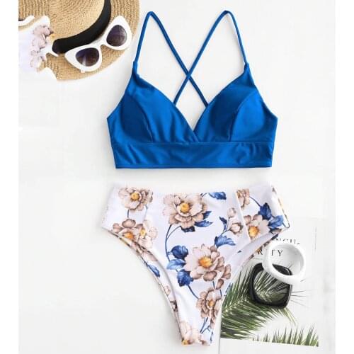Flower Print High Waist Bikini Women Brazilian Bikini Two Piece Swimwear Split Sets Plus Size Beachwear Swimsuit Bikini @40