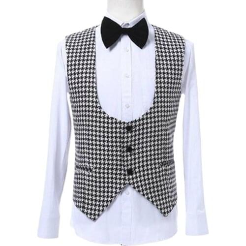 Customize Houndstooth Cotton Material Vests Slim Fit Fashion Prom U Neckline Waistcoat W: 06