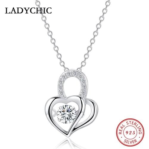 LADYCHIC 2019 New Design 925 Sterling Silver Double Heart Crystal Pendant Necklaces Eternal Love Women Fine Jewelry Gift LNS1031