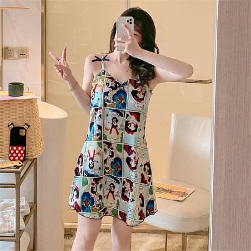 Girl cartoon Mickey print summer suspender pajamas sweet and sexy imitation silk cartoon home service women with chest pad
