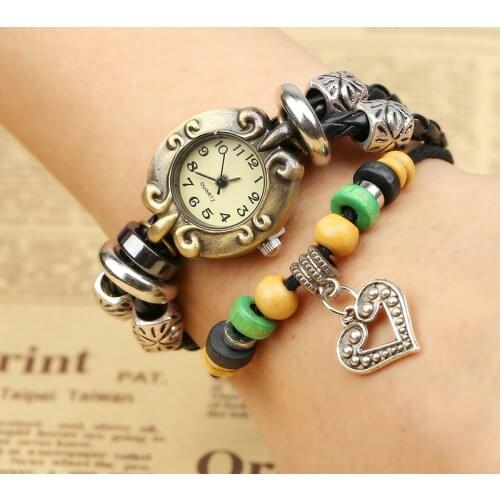 2021 New Beaded Leather Bracelet Watch Women Fashion Retro PU Jewelry Accessories Wristwatches