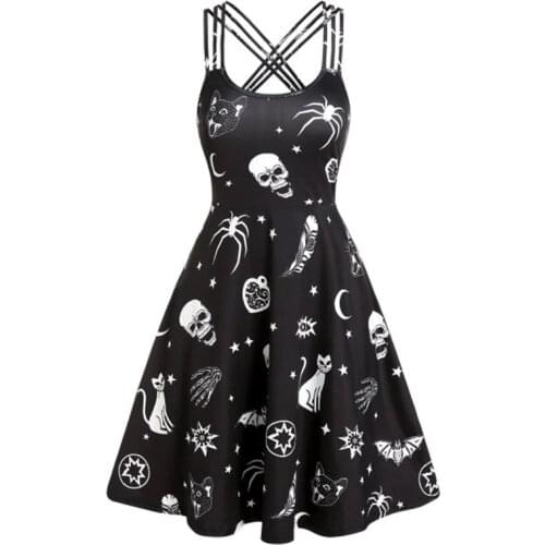 Plus Size Casual Dress Sun Moon Print Crisscross Mini Cami Dress Sleeveless Women Fashion Party Dress Vestidos Femme