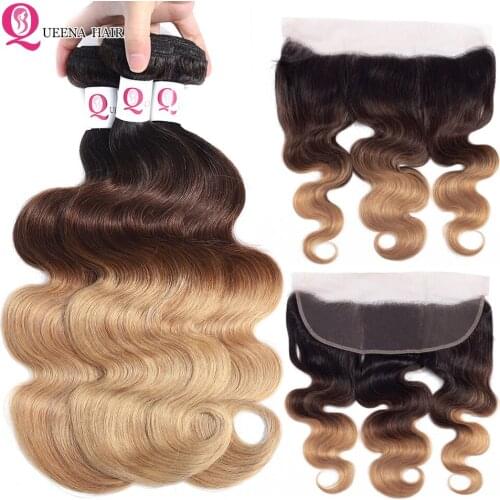 Ombre Body Wave Bundles With Frontal Closure 1B/4/27 Human Hair Wet And Wavy Bundles With Closure Malaysian Hair 2 3 4 Bundles