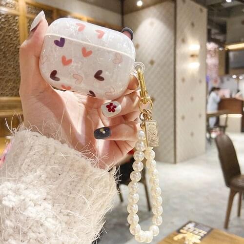 Cute Luxury Pearl Case for Apple Airpods 1 2 3 Bracelet Chain Case for AirPods Pro Bluetooth Earphone Accessories Heart Flower