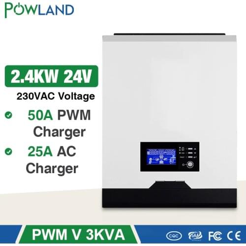 POWLAND PWM Solar Inverter 2400W 24V 220V 50A PWM Pure Sine Wave Inverter 3Kva 50Hz Off Grid Inverter 25A Battery Charger