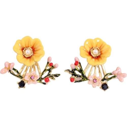 Fresh and romantic yellow pink flower flower branch stud earrings earrings can be rotated and split to wear niche earrings