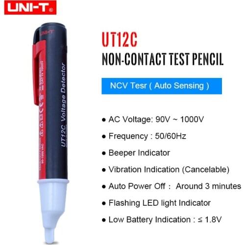 UNI-T UT12C Voltage Pen Tester Non-contact AC Voltage Detectors 90V-1000V 50/60Hz Auto Power Off Beeper Vibrating Indicator