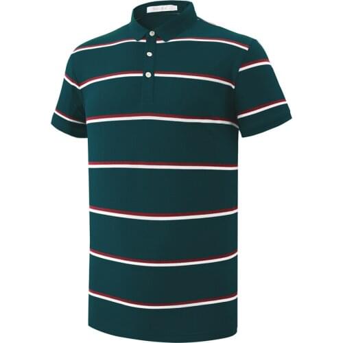 G8514 Comfortable Mens Golf T-Shirt 4 Color Choices Summer Yarn Dyed Striped Office Polos With Ribbed Turn Down Collar And Cuff