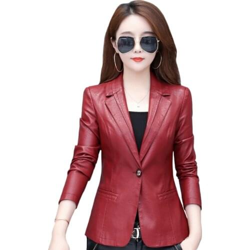 Women Red Leather Jacket 2021 Spring Autumn Casual PU Leather Blazer Single Button Woman Faux Leather Coats