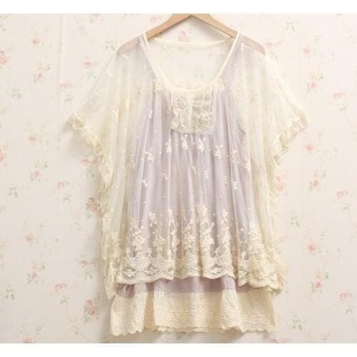 Mori Girl Lace Mesh Embroidered Elegant Basic Twinset T-shirt Women Loose Casual Kawaii Tops Mori Lolita Gispy Clothing Tunic