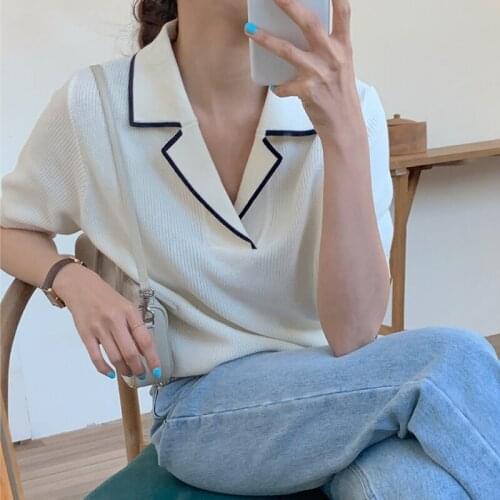 Korean Ins Summer French Lapel Trim Contrast Color Design Loose Casual All-Match Short-Sleeved Sweater Top Women