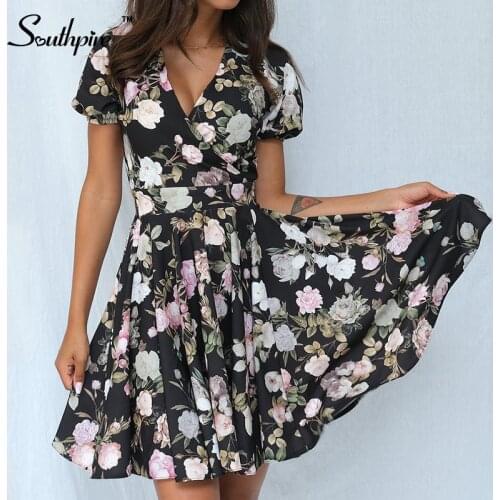 Southpire V-Neck Black Floral Print Vintage Summer Dress 2021 Womens Short Sleeve Elegant Beach Party Sundress Female Clothes