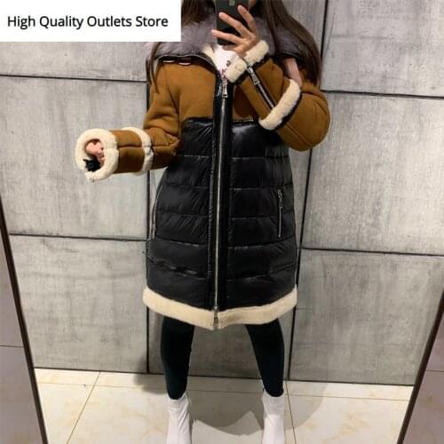 Ladies suede coat women lamb suede leather coat shearling coat splicated with down coat