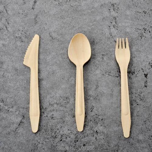 1000 Pieces Wooden Disposable Spoons Forks Knives Wood Cutlery Set Birch Party BBQ Camping Travel Wedding Birthday Restaurant
